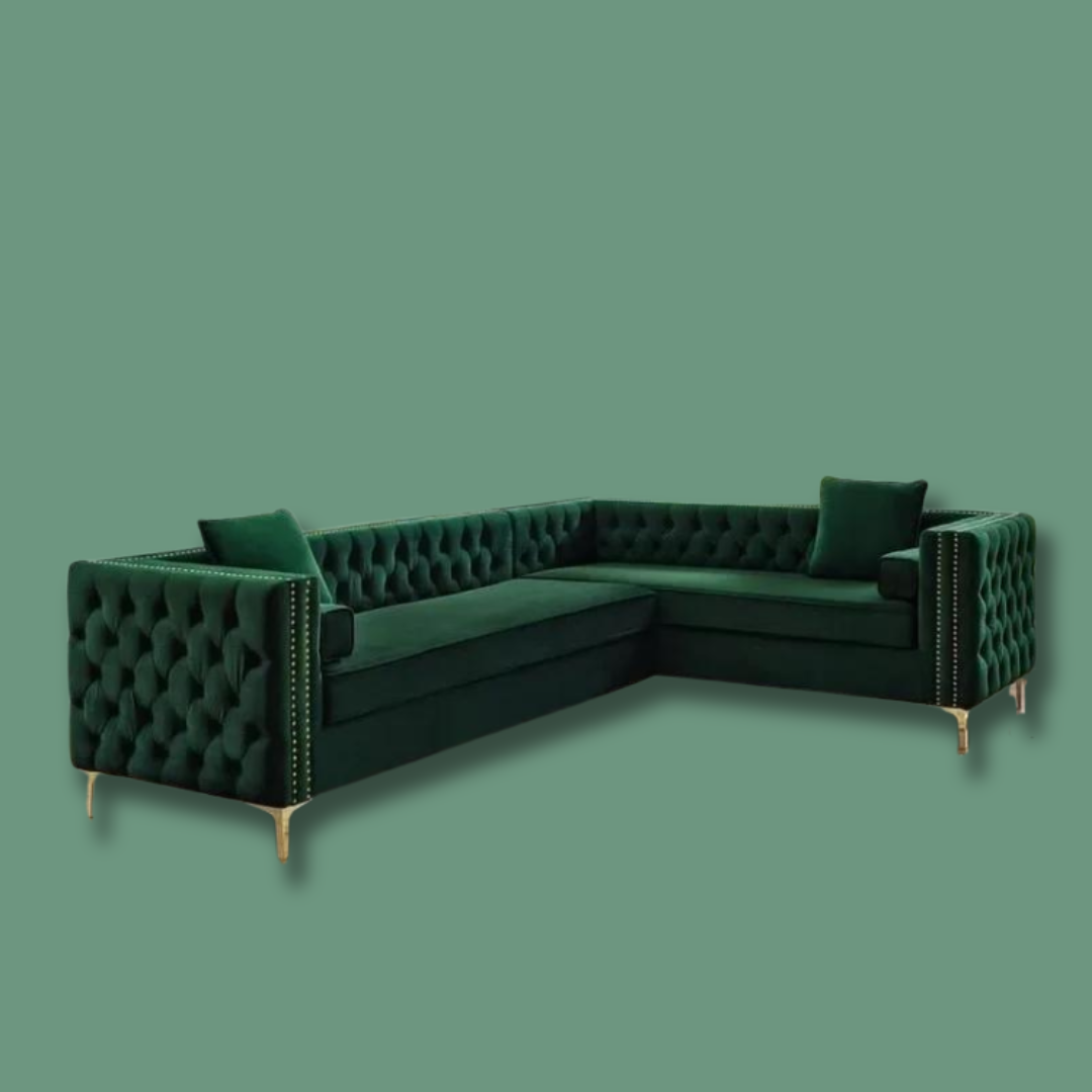 Green And Golden Tuffting Sofa Fittens Sofa